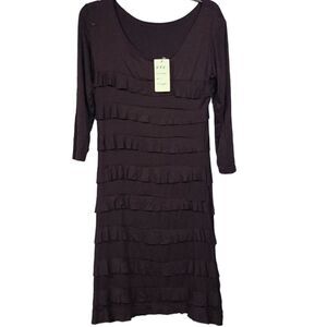 NWT Lazy Daisy Brown Knit Tiered Ruffle Dress Cute Long Sleeve Soft Stretch Midi